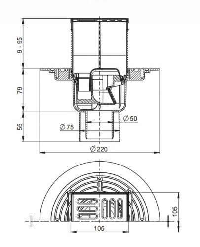 APV2321 Сливной трап 105 × 105/50/75, подводка – прямая, решетка – нержавеющая сталь, гидрозатвор Alca Plast в Гулькевичи